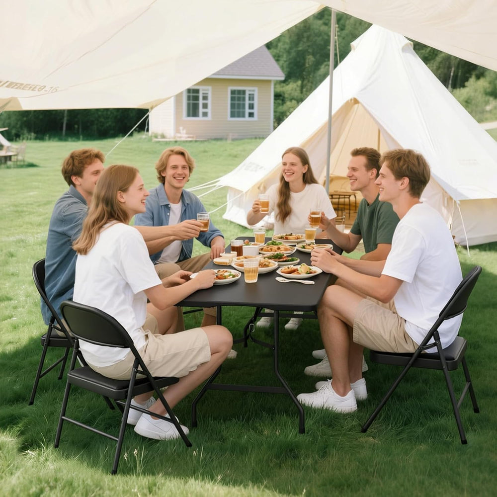 6FT Black Plastic Folding Table Set with 6 Black PU Padded Chairs | Portable ...