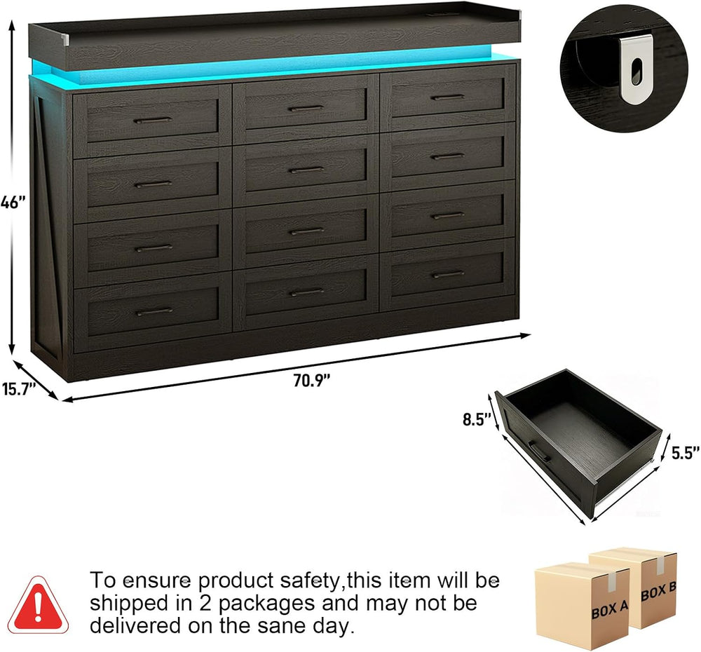71" Wide 46" Tall Large Farmhouse 12 Drawers Dresser for Bedroom (B...