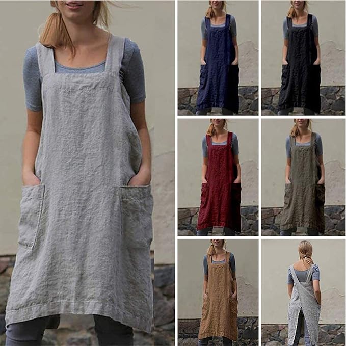 VLZUFE Cotton Linen Apron for women Cross Back Apron Pinafore Dress for Baking - Image 6
