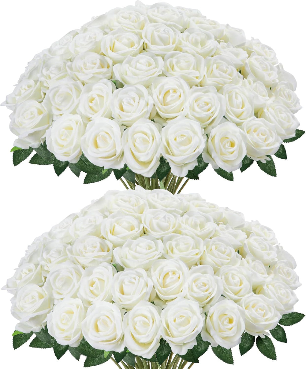 InnoGear White Roses Artificial Flowers 50 Pcs Fake Velvet Silk Rose Floral