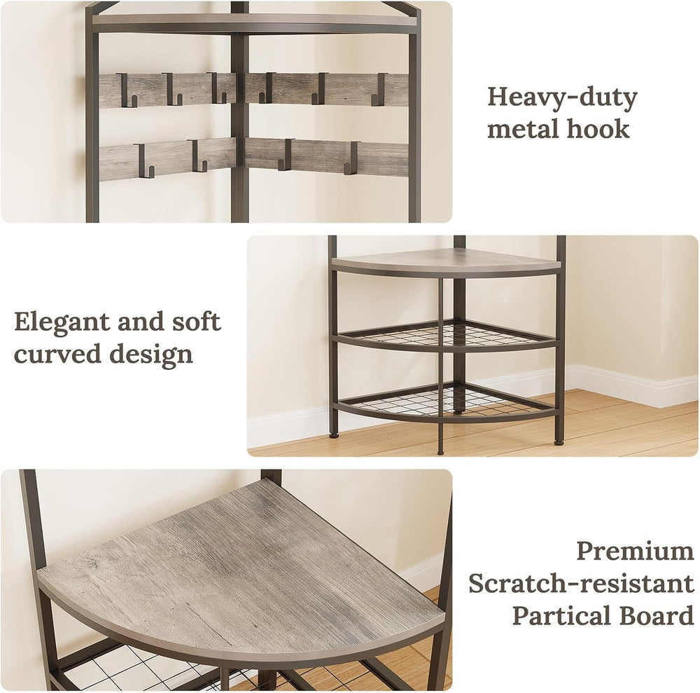 GiftGo Grey Corner Hall Tree with Shoe Bench Entryway Coat Rack with 10 Metal...