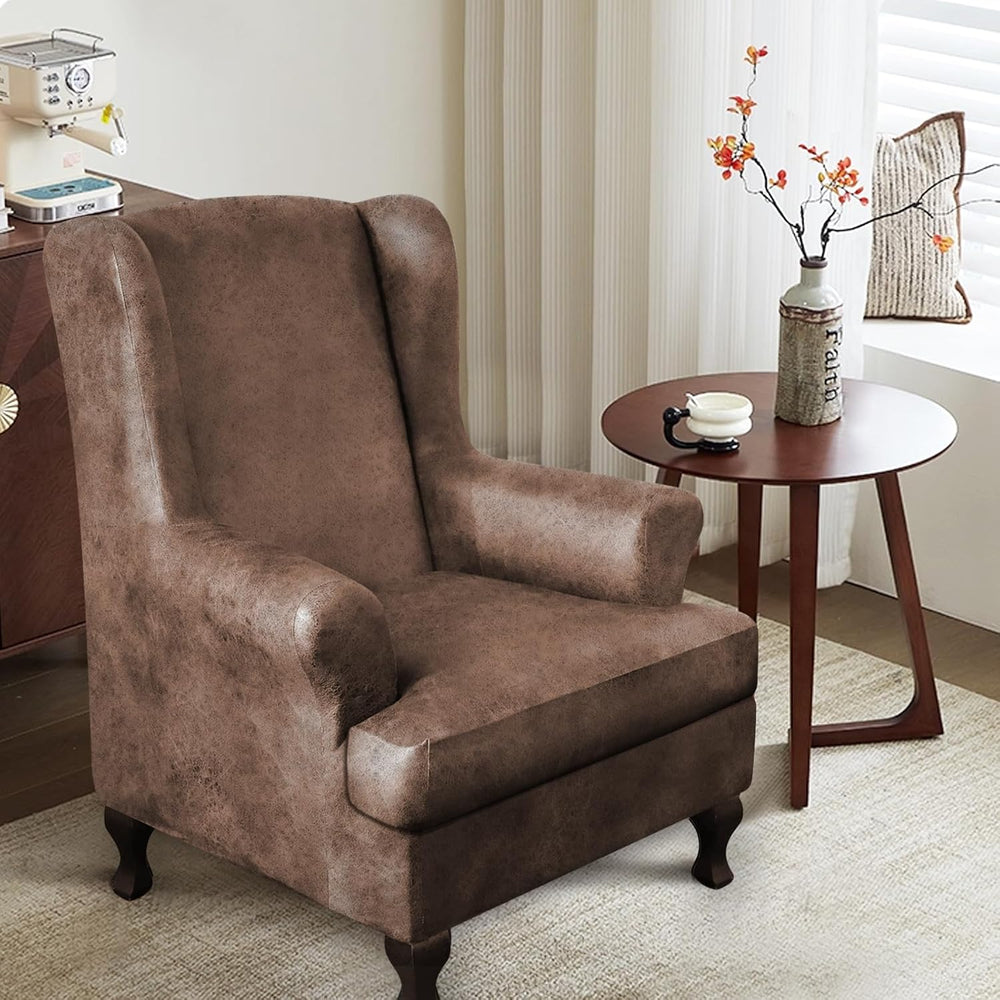 ANARACHON Leather Look Wingback Chair Covers, 2-Piece Wing Chair slipcover, S...