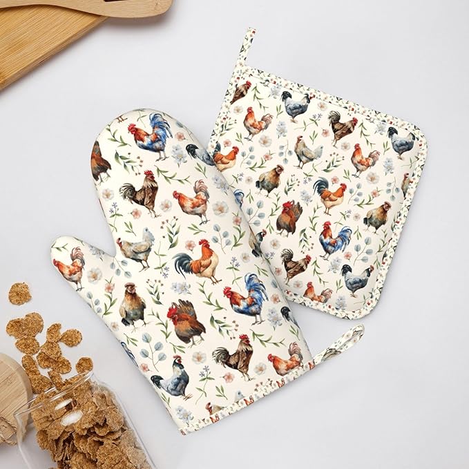 Cute Chicken Oven Mitts and Pot Holders Set, Heat Resistant & Non-Slip Silicone - Image 8