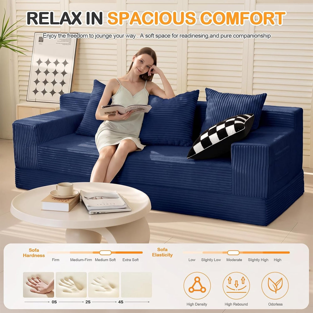 3 Seater Boneless Couch Sofa Bed, 78'' Corduroy Oversized Loveseat Fo...