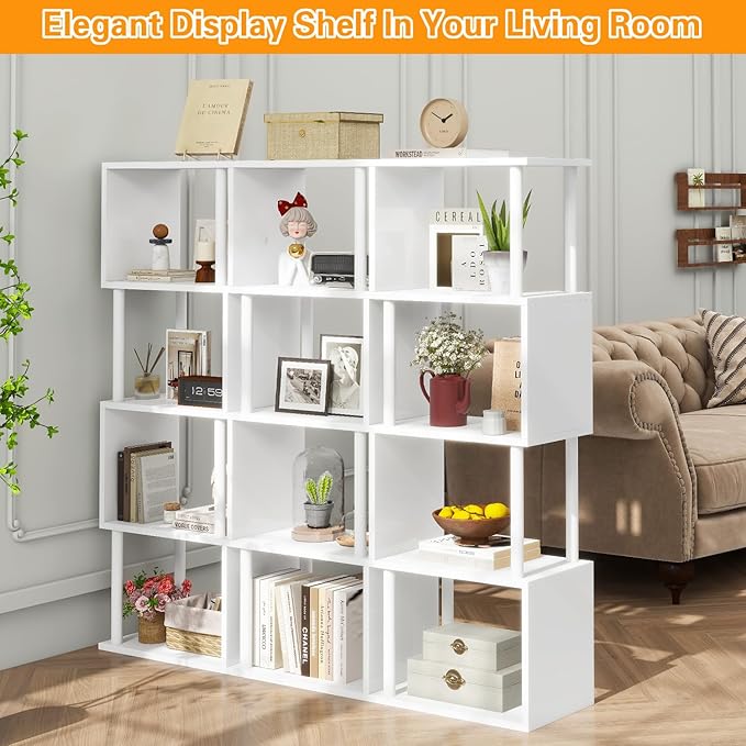 IBUYKE 5-Tier Tall Bookshelf,S-Shaped Geometric Bookcase, Wood Display Shelve...