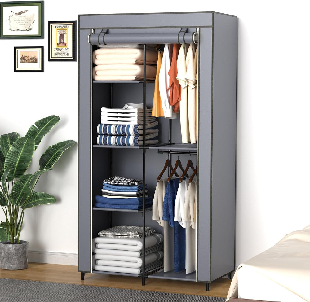 Gray Cover Portable Closet with 6 Shelves & 2 Hanging Rods