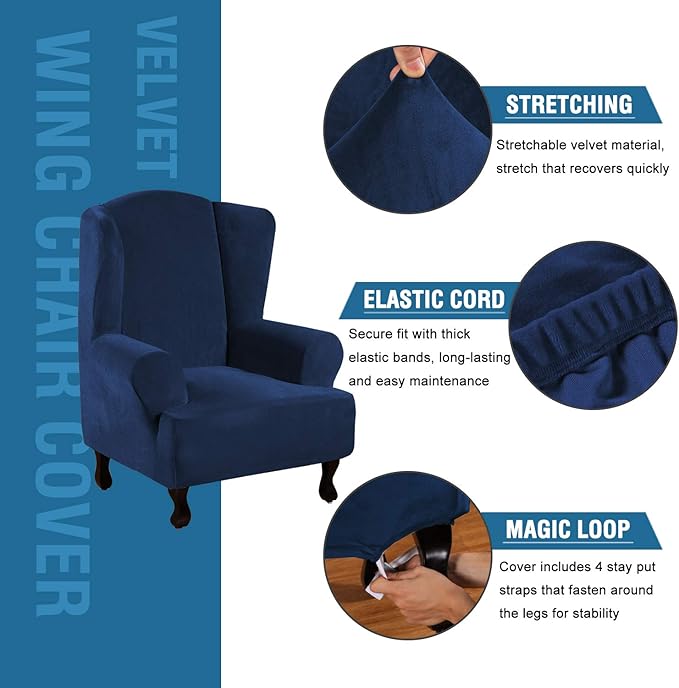 H.VERSAILTEX Wingback Chair Covers Velvet Plush Wing Chair Slipcover 1 Piece - Image 2