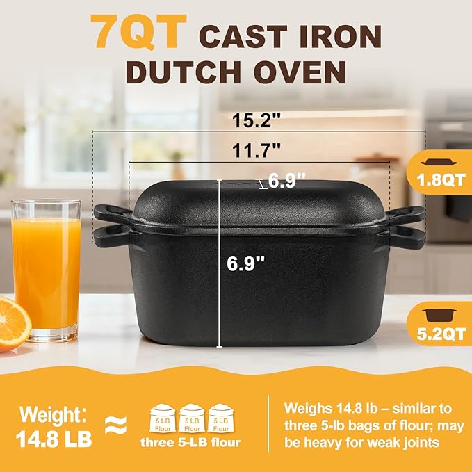 7QT Oval Dutch Oven for Sourdough Bread Baking, Pre-Seasoned Cast Iron Bread Pan - Image 6
