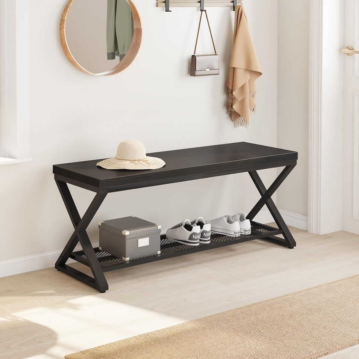 LVB Black Entryway Bench with Storage, Indoor Shoe Bench with Seating 39 in