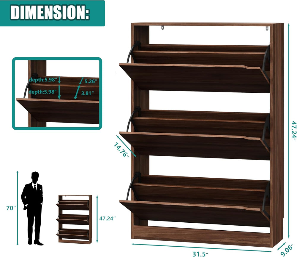 Xixini Shoe Storage Cabinet for Entryway with 3 Flip Drawers, Sturdy Wood Hid...