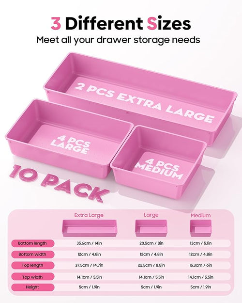 10 Pack Large Size Plastic Drawer Organizers Set, 3 Sizes Desk Drawer Organizer - Image 2