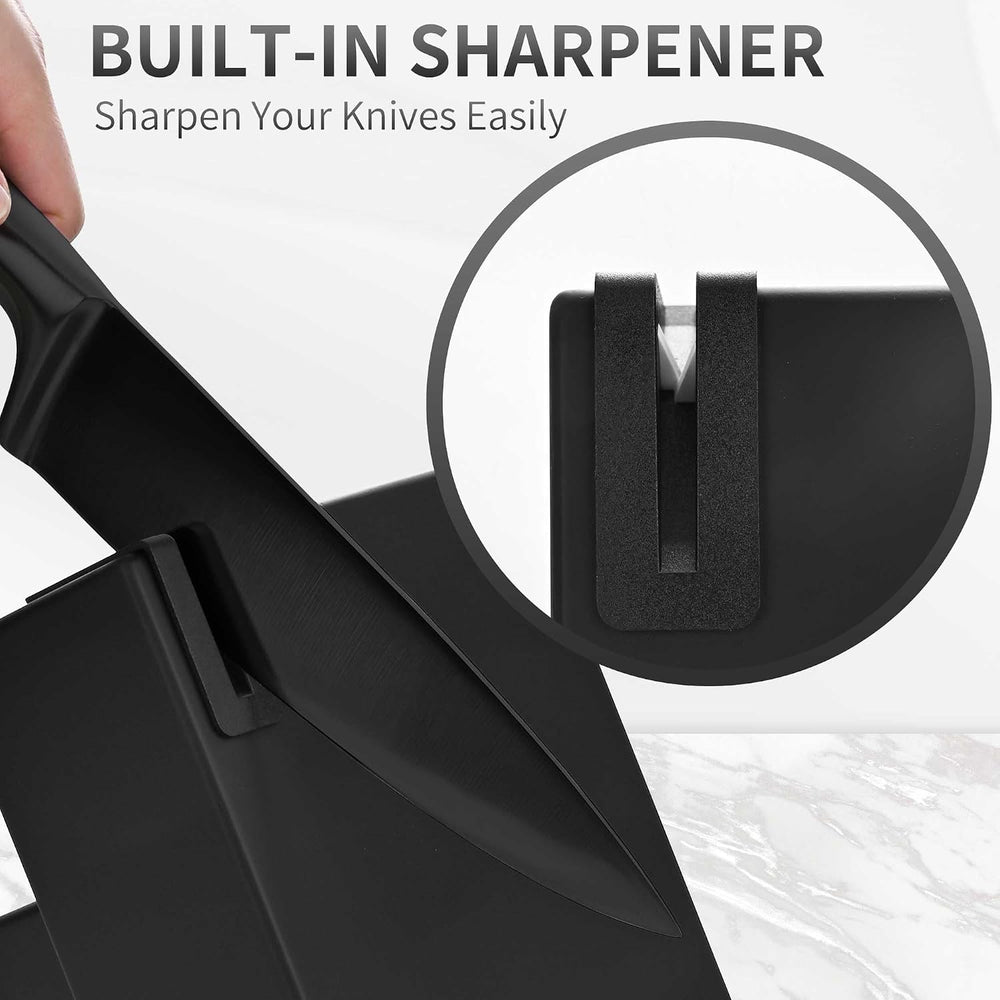 15-Piece Black Kitchen Knives Set, Knife Block Set with Built-In Sharpener