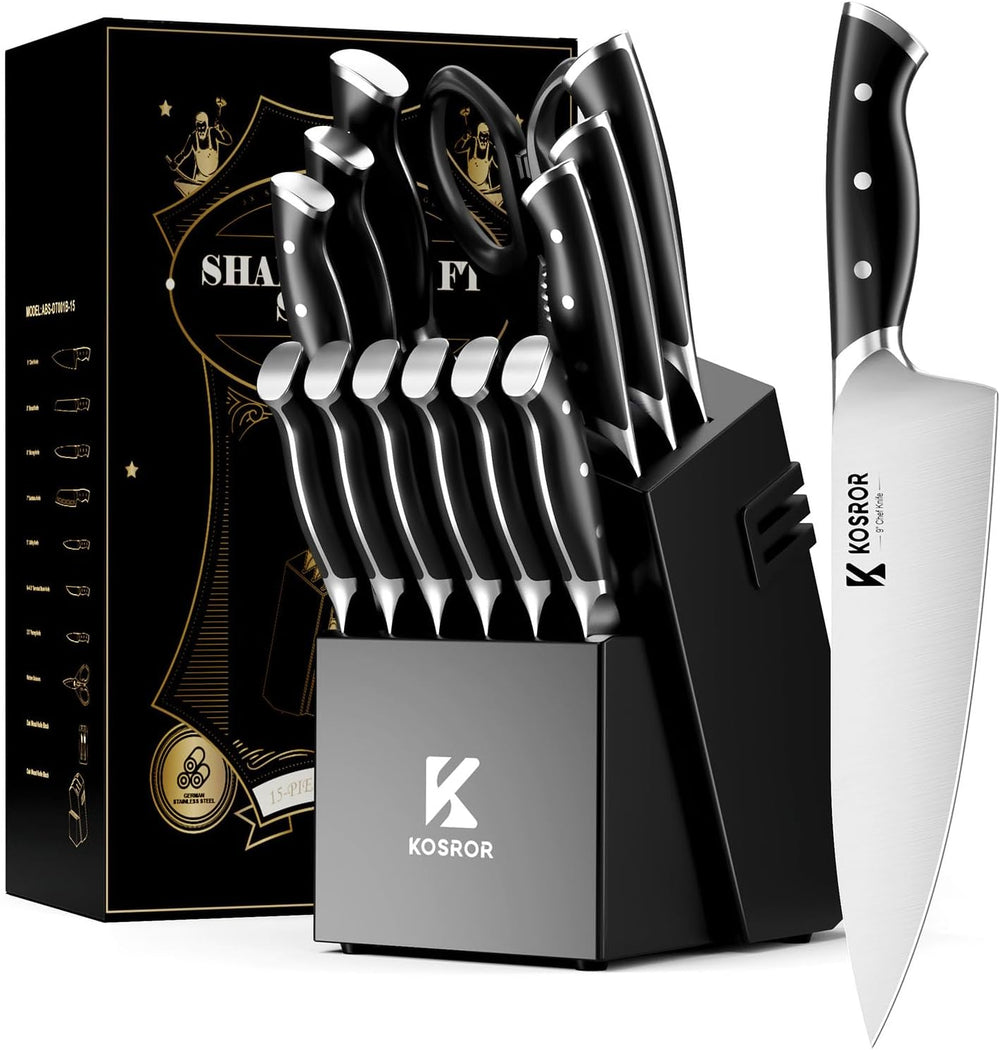 Kitchen Knife Set with Block: 15-Piece German Stainless Steel with Dual