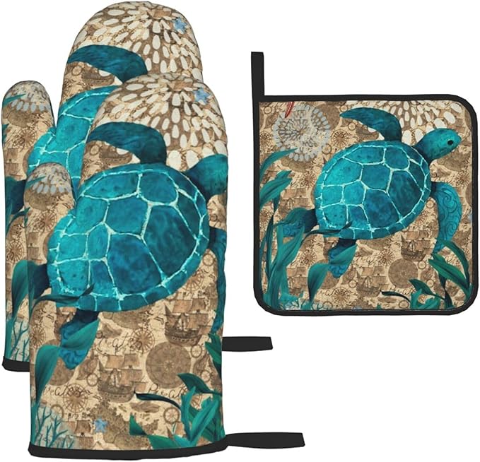 Retro Teal Nautical Oven Mitts and Pot Holders Sets, Sea Turtles Oven Gloves by Unknown
