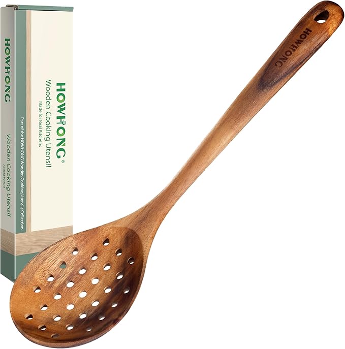 HOWHONG Slotted Spoon Wooden Cooking Utensil, Long Handle Acacia Wood Spoon by HOWHONG