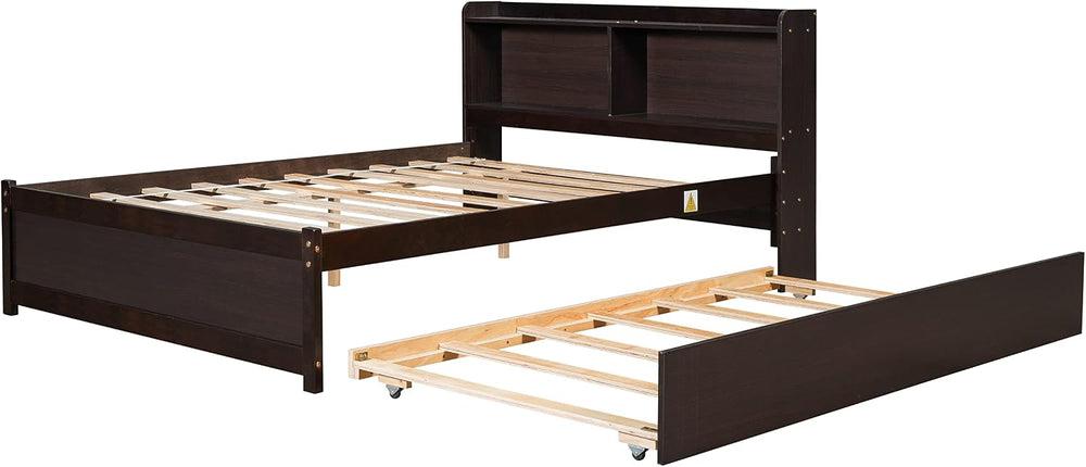 Bellemave Full Size Bed Frame with Trundle Bed and Bookcase, Espresso