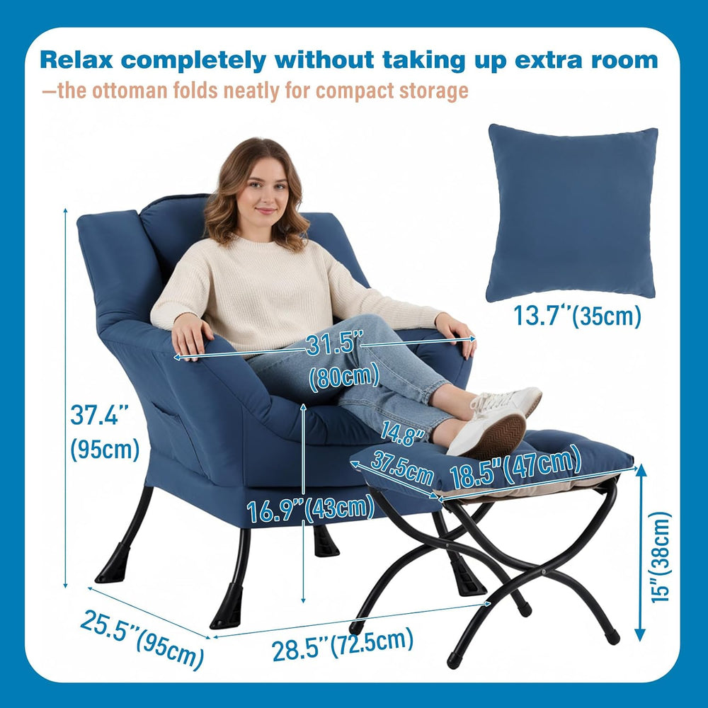 Lazy Chair with Ottoman, Comfy Reading Chair for Bedroom, Blue