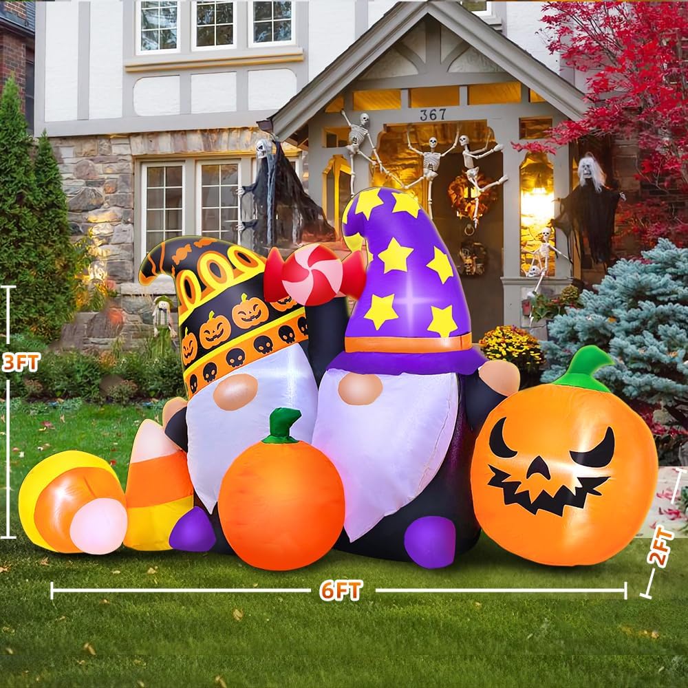 6FT Halloween Inflatable Decoration, Built in LED Lights Blow Up Gnomes with ...