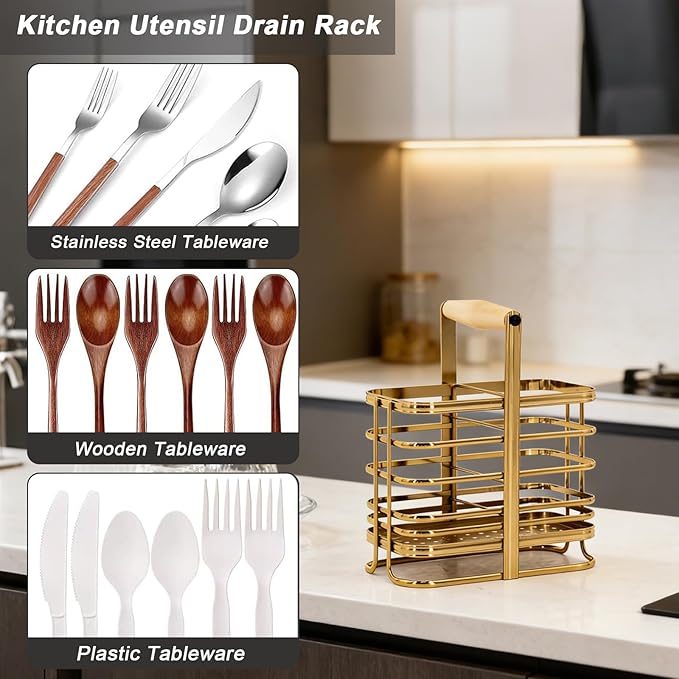 Caliamary Utensil Holder, Stainless Small Stainless Steel Cutlery Drainer Caddy - Image 6