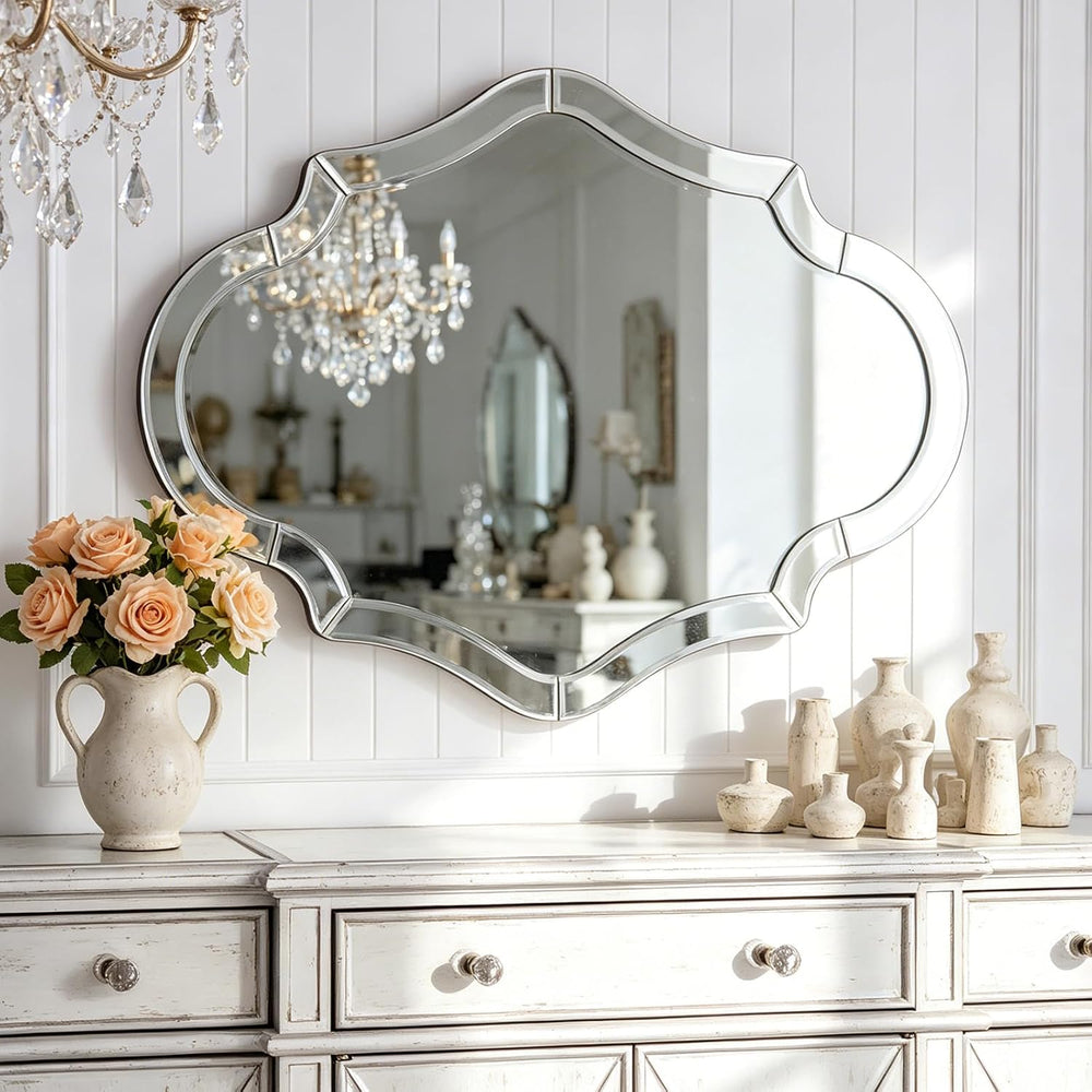 47"x32" Scalloped Beveled Glass Wall Mirror, Solid Wood Backing