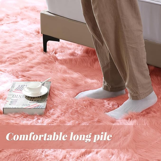 ORINOVA Pink Washable Shag Round Rugs 6.6ft Soft Plush Faux Sheepskin Fuzzy Fur - Image 3