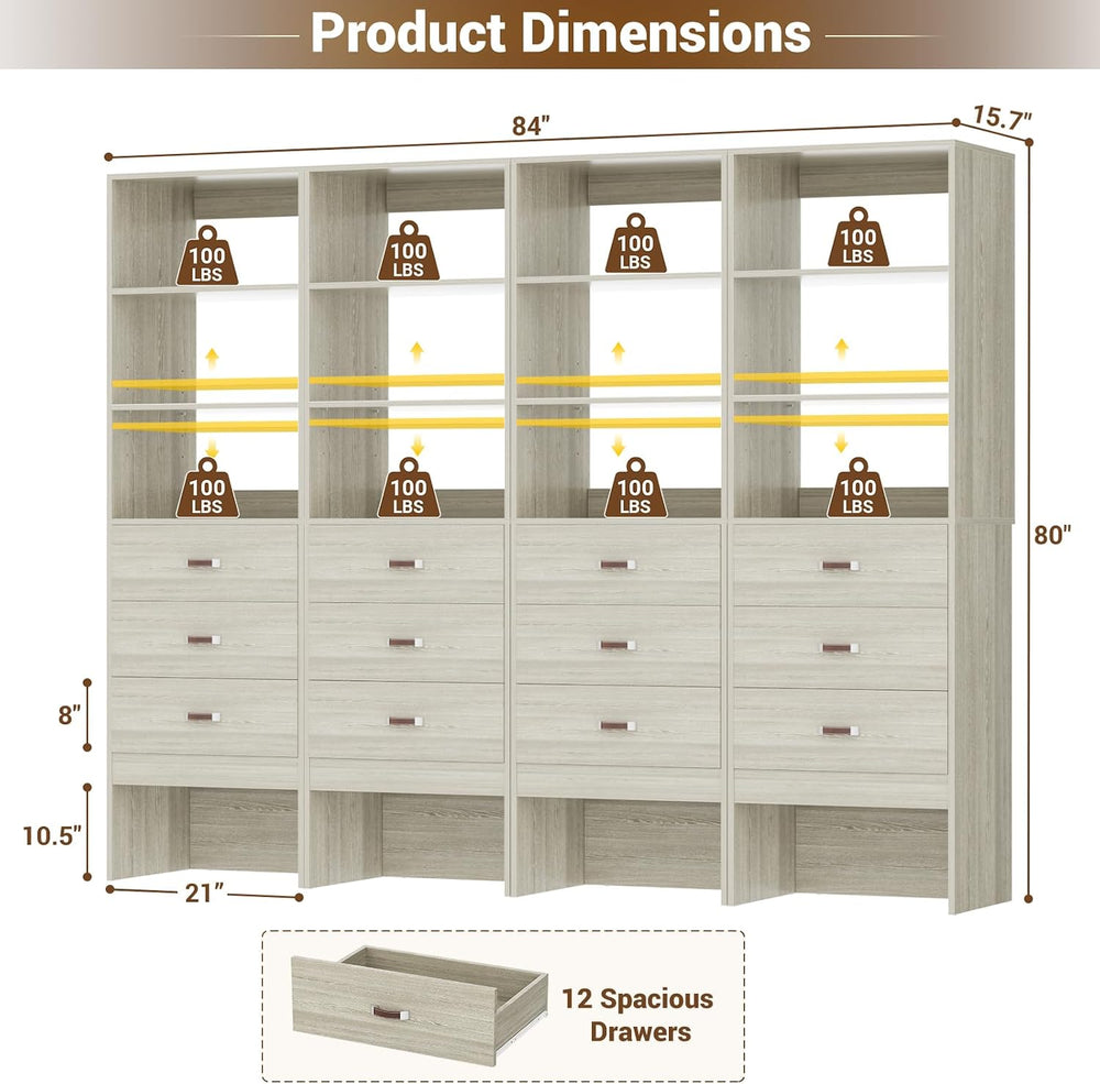 Freestanding 7FT Closet System with Leather Handles Set of 4 White Oak