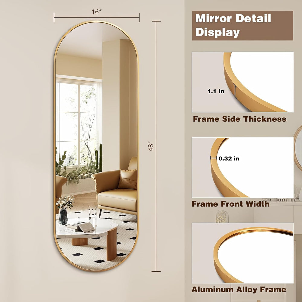 Niccy Oval Full Length Mirrors, Long Wall-Mounted Mirror, Gold, 48"×16&q...
