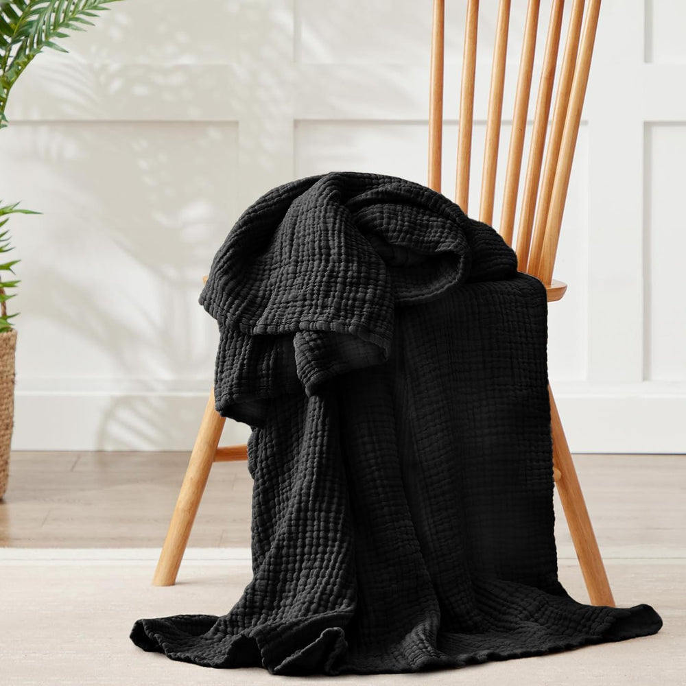 100% Cotton Muslin Blanket for Adults, 6-Layer Twin Throw, 60 x 80, Black