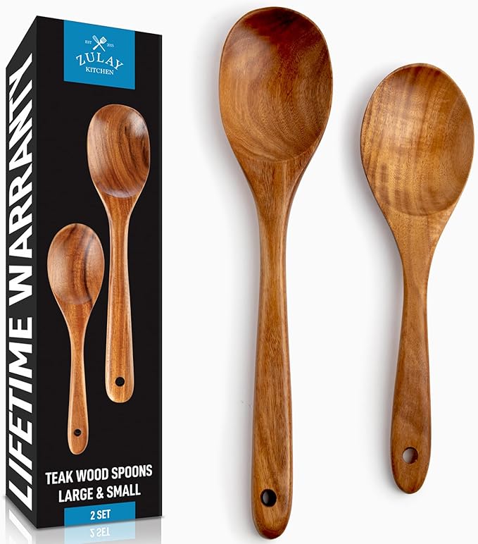 Zulay Kitchen Teak Wood Utensil Set – 2 Piece Large and Small Wooden Cooking by ZulayKitchen