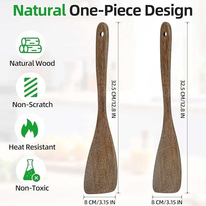 Ecavria 2PCS Wooden Spatula, 12.8IN Wooden Flat Frying Spatulas, Long Handle - Image 4