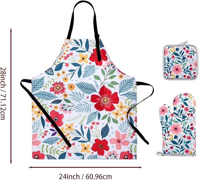 Floral Apron and Oven Mitt Set 5 Piece, Pioneer Woman Style Kitchen Aprons - Image 2