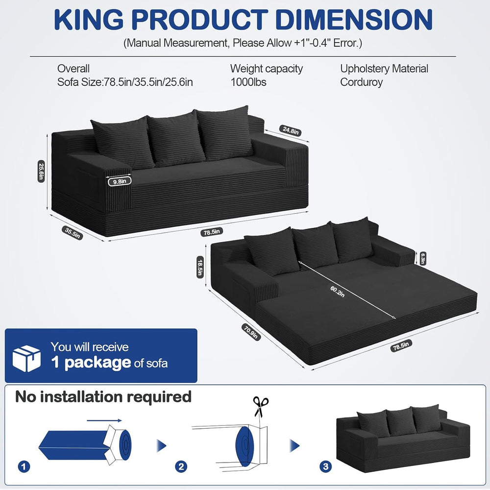 2 in 1 Convertible Boneless Couch Bed, Corduroy futon Sofa Bed, Compression F...