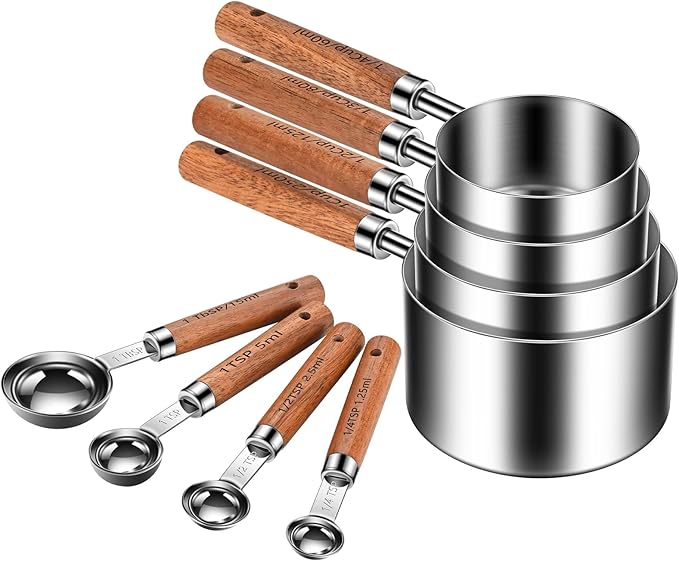 Stainless Steel Measuring Cups and Spoons Set of 8, Stackable Wooden Handle by JASUNMI