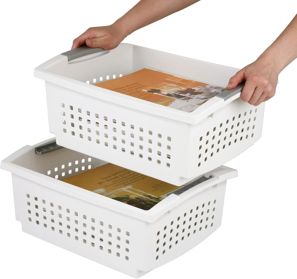 Sterilite Large Stacking Basket Plastic Storage Organizer, White, 4-Pack