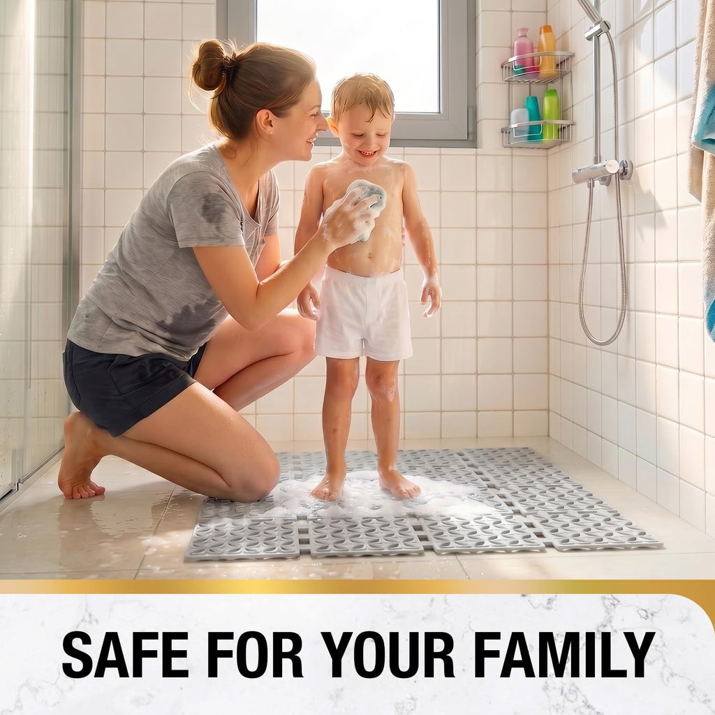 HITSLAM Shower Mat Anti Slip, 24x24 Inch Cut to Fit No Odor Soft TPE Shower Stall Mat, Square Bath Mat with Suction Cups and Drain Holes, Soft on Feet, Grey