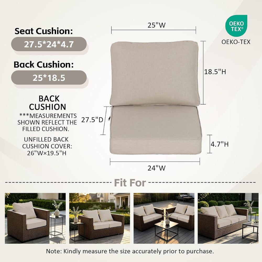 24x27.5 Inch Outdoor Deep Seat Cushions Set of 2,Thick High-Density Foam, Wat...