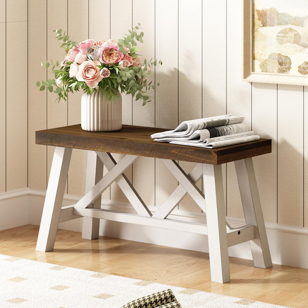 Wnutrees 30" Farmhouse Solid Wood Bench, Rustic Entryway Bench, White | Double X-Structure Dining Seat for End of Bed, Living Room, Hallway, Structural Stability, Rustic Decor