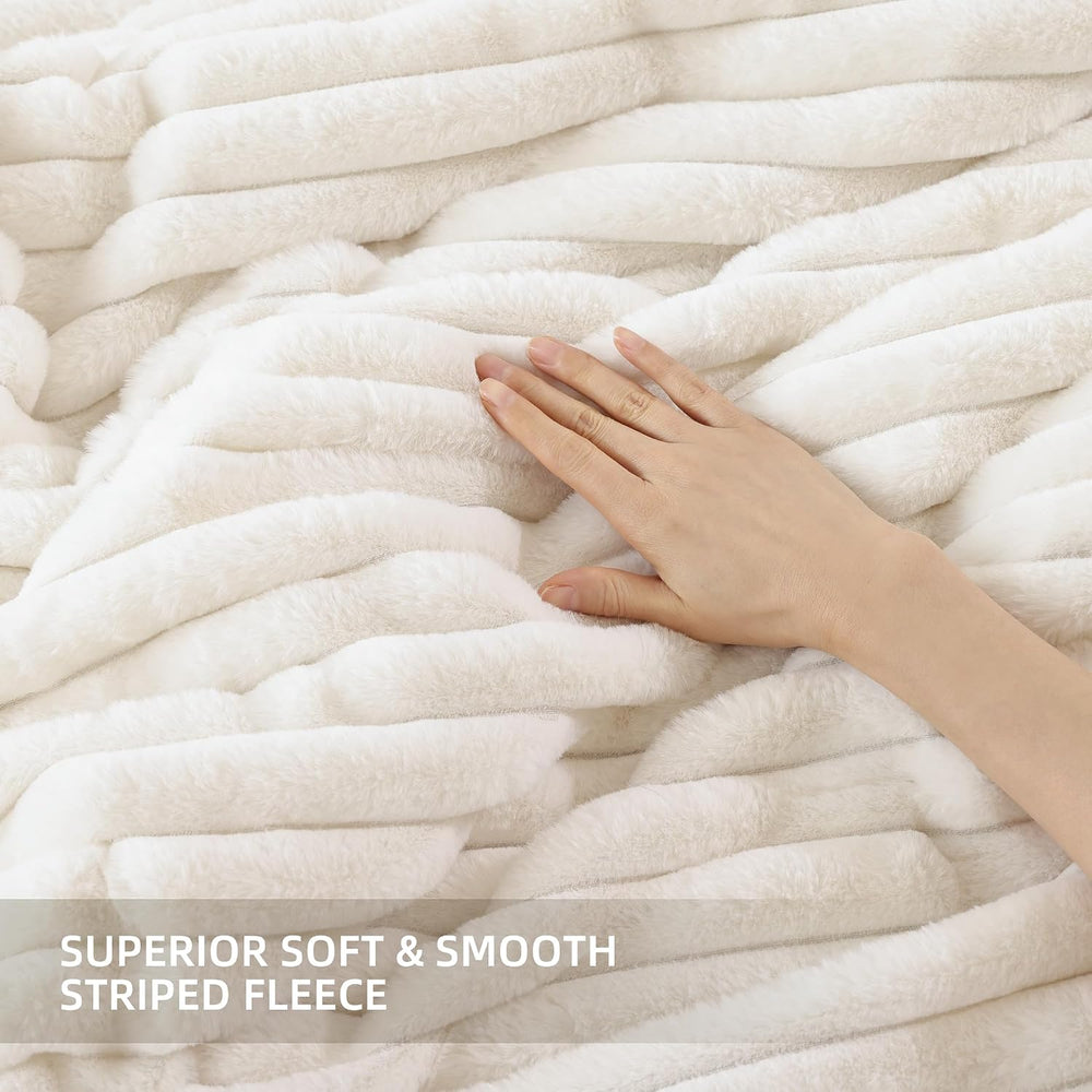 Fluffy Queen Size Comforter 3 PCS - Cream White Fleece Bedding Set