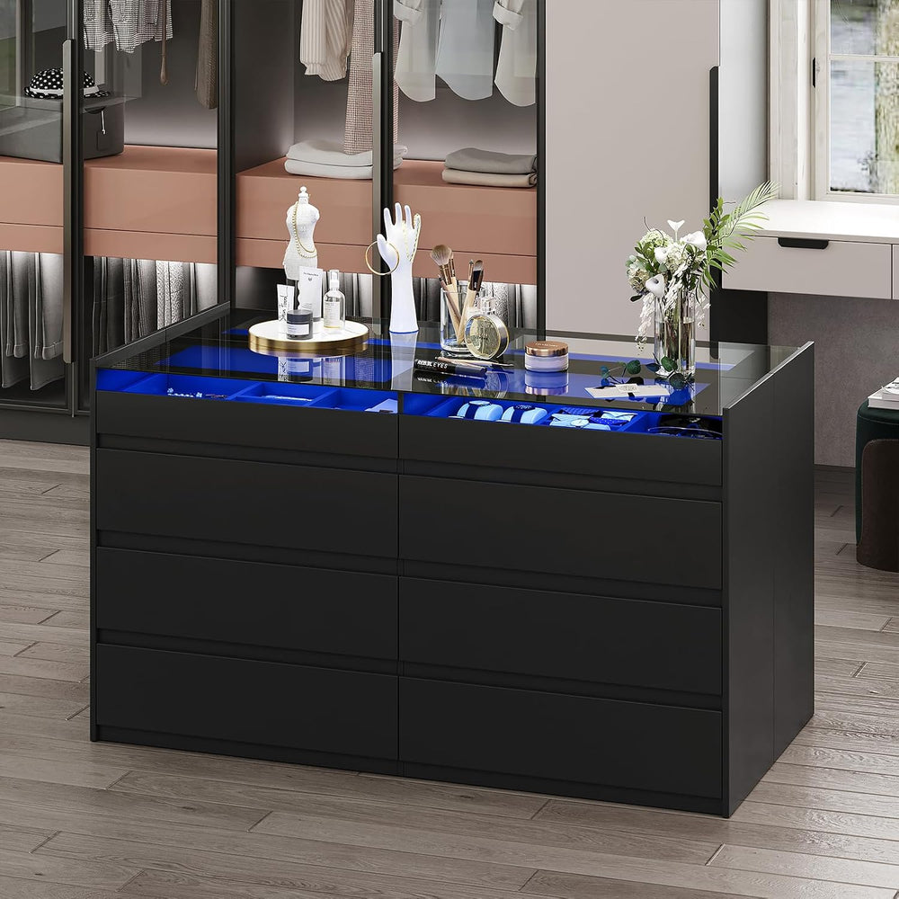 LIVAUVEAD 16 Drawer Closet Island with Glass Top & LED Light, Black