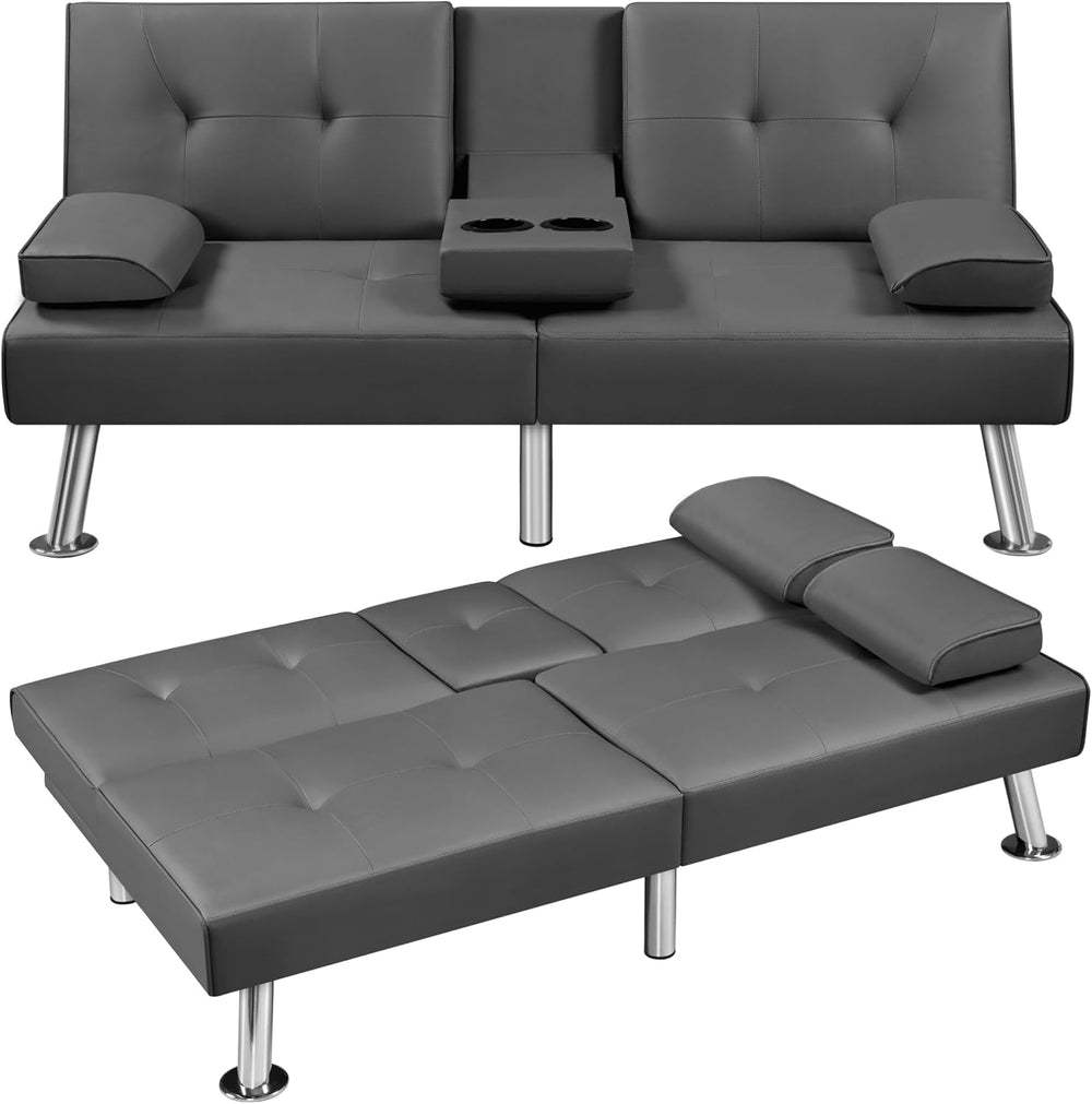 Yaheetech Convertible Futon Sofa Bed Loveseat with Cup Holder, Gray