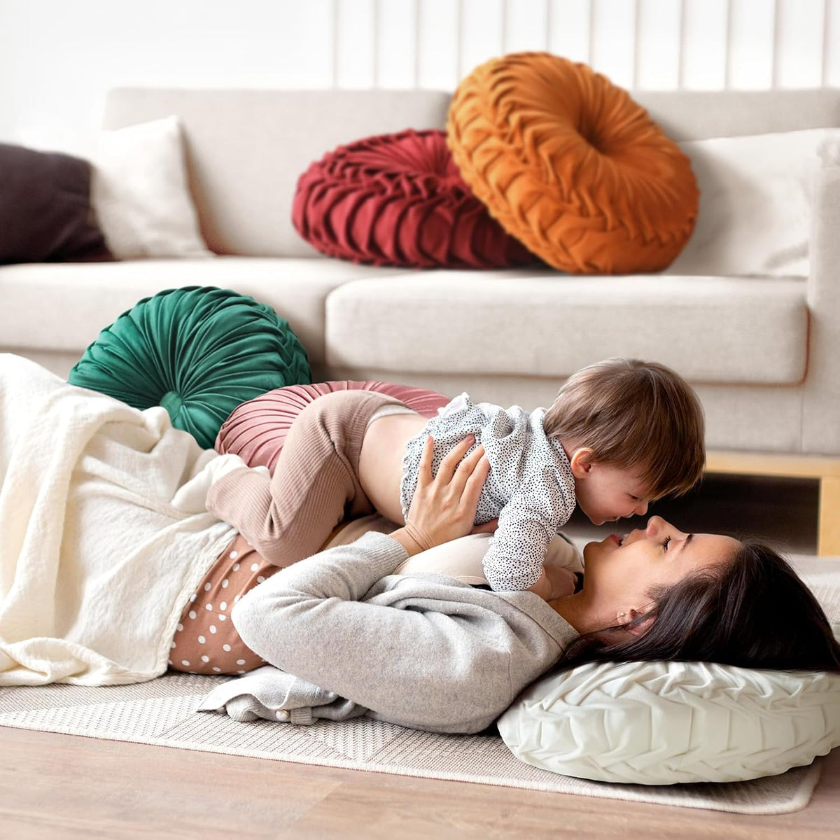 teieas 2 pcs round throw pillows decorative velvet shown in use