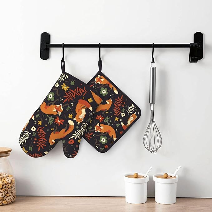 Fox Silicone Oven Mitts Pan Mats Set of 2, Heat Resistant Gloves Potholder - Image 6