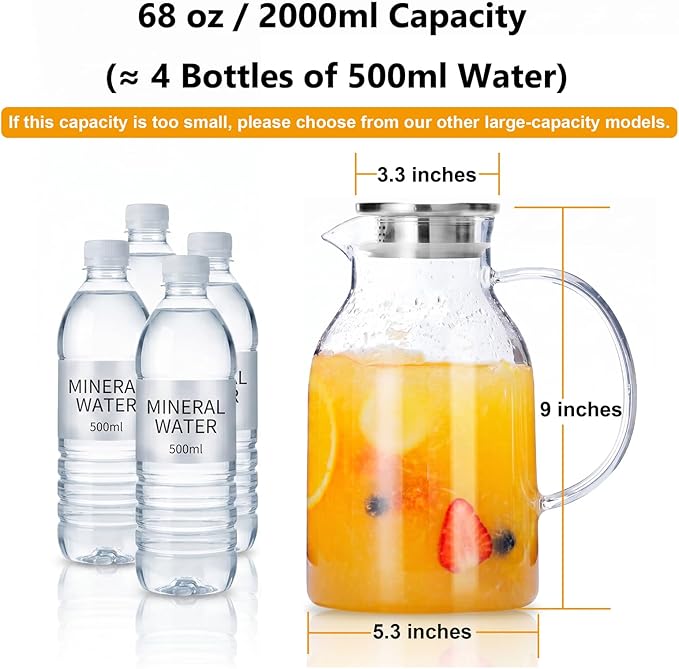 Glass Water Pitcher with Lid and Spout, 68 Ounces Heat Resistant Borosilicate - Image 3