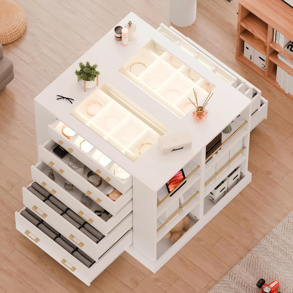 Closet Island with Glass Top, LED Lights and Open Shelves, White
