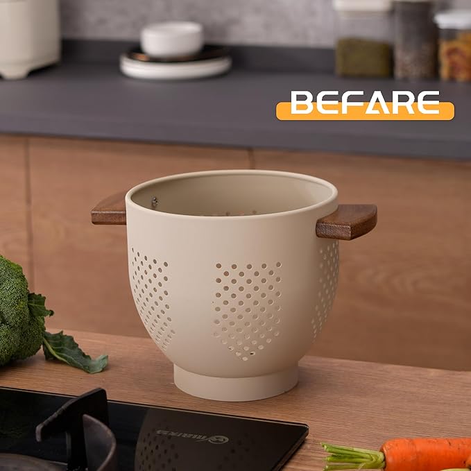 BeFare Metal Colander with Wood Handle and Stable Base, Powder Coated Steel