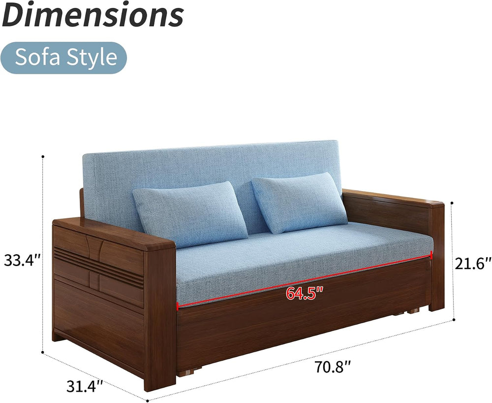 71" Solid Wood Walnut Frame Sectional Sleeper Sofa, 3-in-1 Pull Out Bed