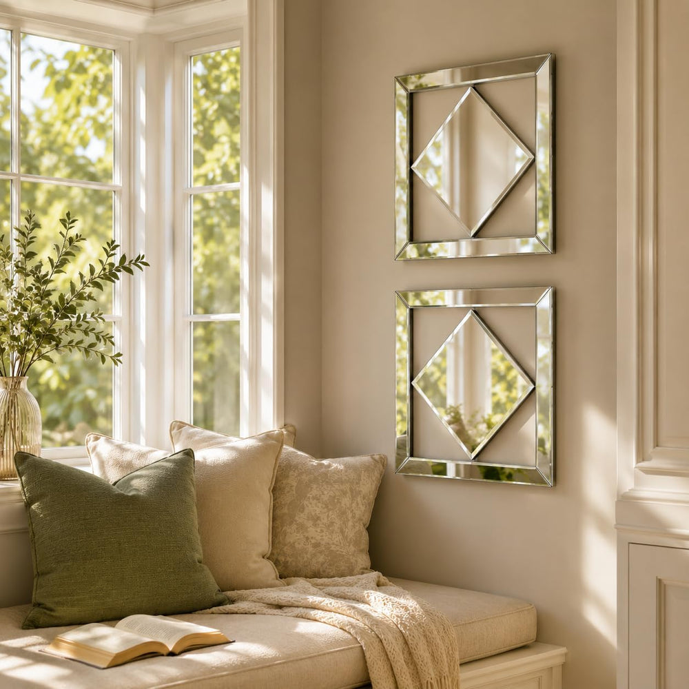 Square Decorative Wall Mirror 12 x 12 Inch, Silver Frameless Mirror Wall Deco...