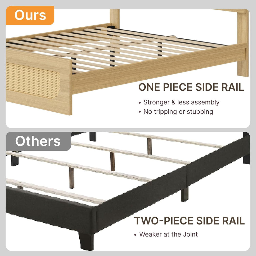 KISLOT Boho Rattan Bed Frame, Farmhouse Platform, Natural, Queen