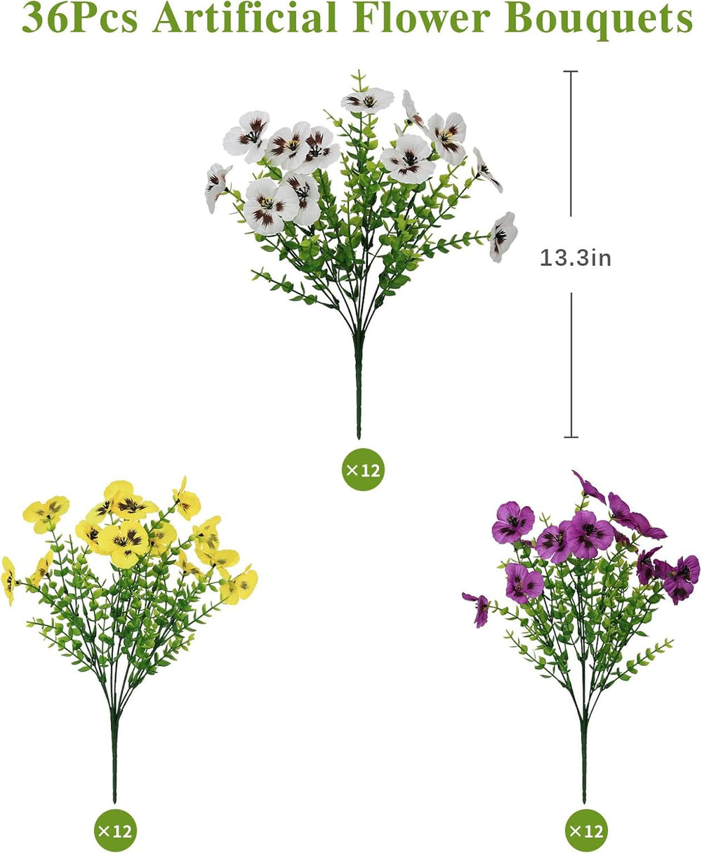 36 Pcs Artificial Pansy Flowers for Outdoor, UV Resistant Faux Plants