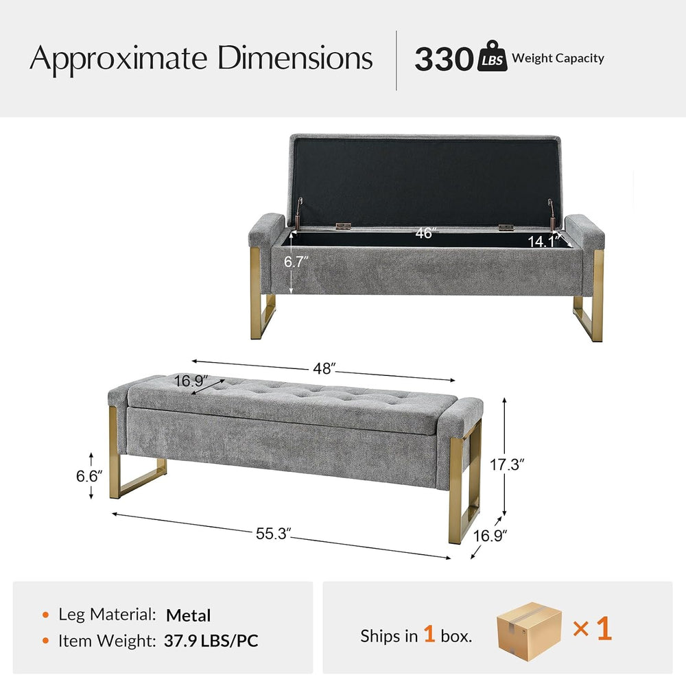 Modern Storage Ottoman Bench with Gold Metal Legs Upholstered Footrest End-of...